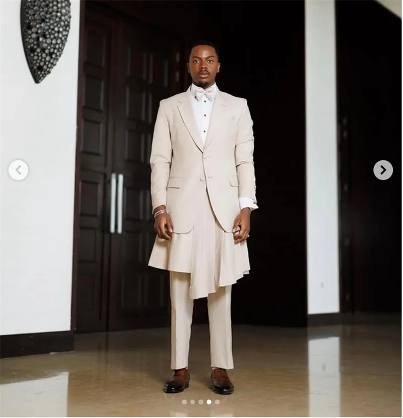 

Beige Men Suit Set 2 Piece Blazer+Pants Ruffles Hem Prom Wedding Tuxedos Coat Cotton Customized Formal Office Arabic Jacket
