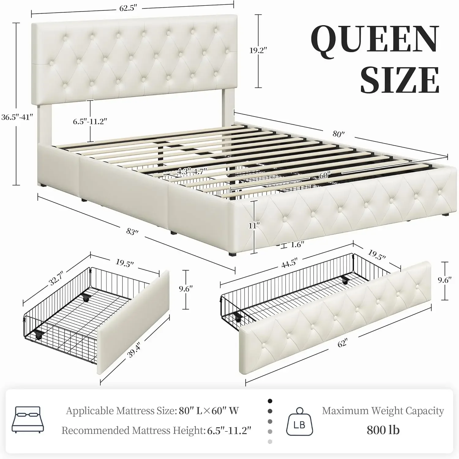 Queen bed frame with adjustable diamond button cluster headboard/3 drawer storage space, beige queen bed