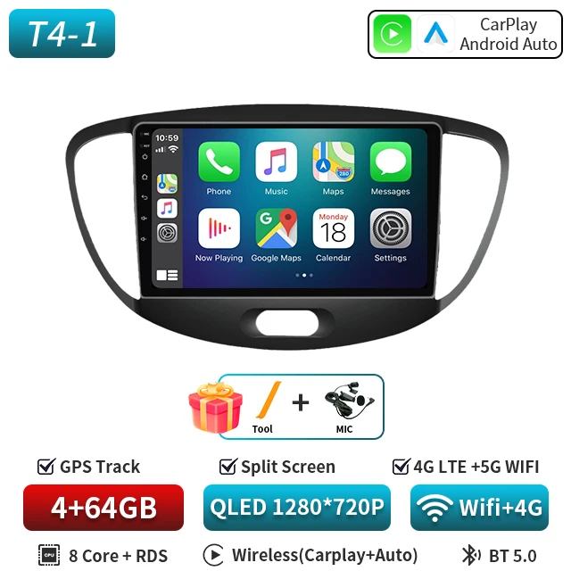 Android 16 CarPlay Auto 5G WIFI Autoradio Voor Hyundai i10 2007 2008 2009 2010 2011 2012 2013 GPS multimedia Spelerereo BT DVD