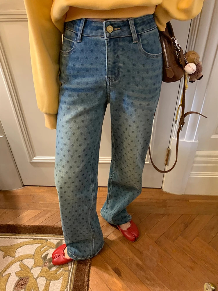 Calças largas de cintura alta com estampa floral, calças jeans fenas de inverno com bolinhas, estilo casual, calças cr...