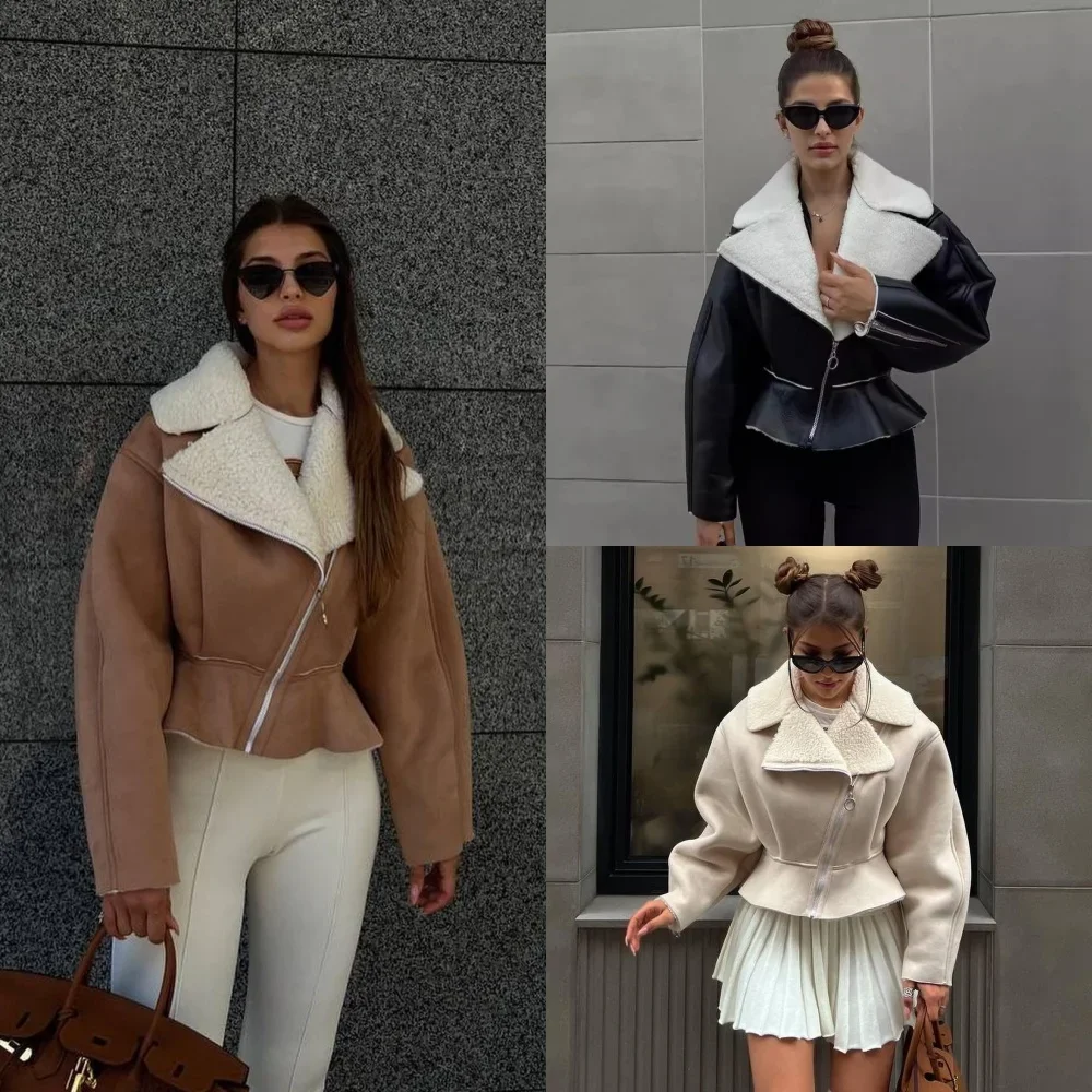 

Модная теплая меховая кожаная женская куртка с поясом, шикарное мотоциклетное пальто с лацканами и длинными рукавами, женская зимняя уличная верхняя одежда 2024 г.