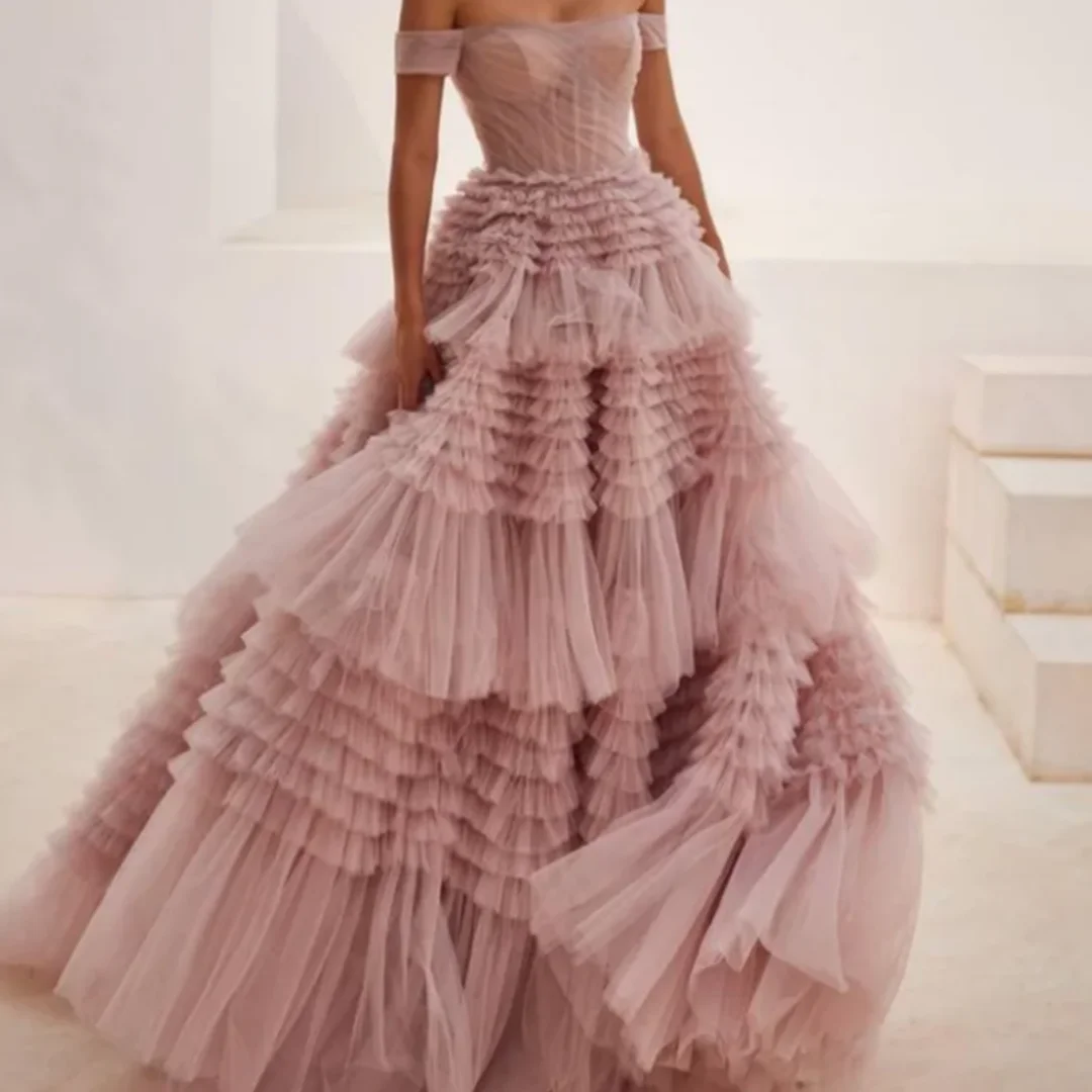

Charming Pink Lace Up Back Sleeveless Evening Dress Off Shoulder Tulle Prom Dress Multilayer Customized