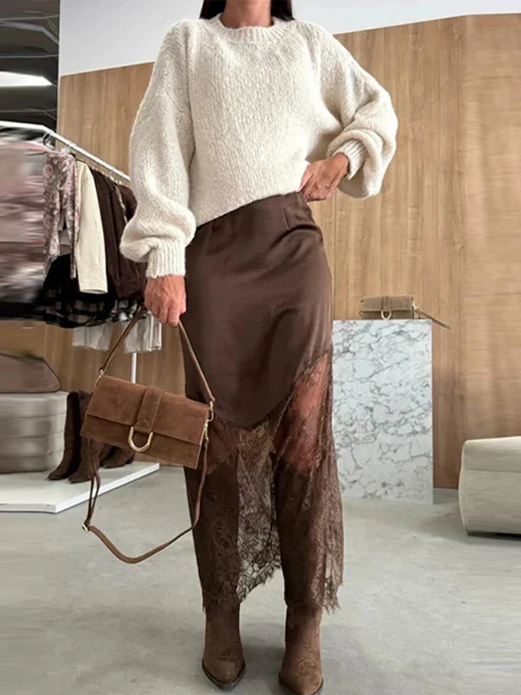 Elegant Lace Patchwork Women's Skirts Zippers See Through Lady Long Skirt 2025 Autumn Fashion Female Robe Party Streetwear