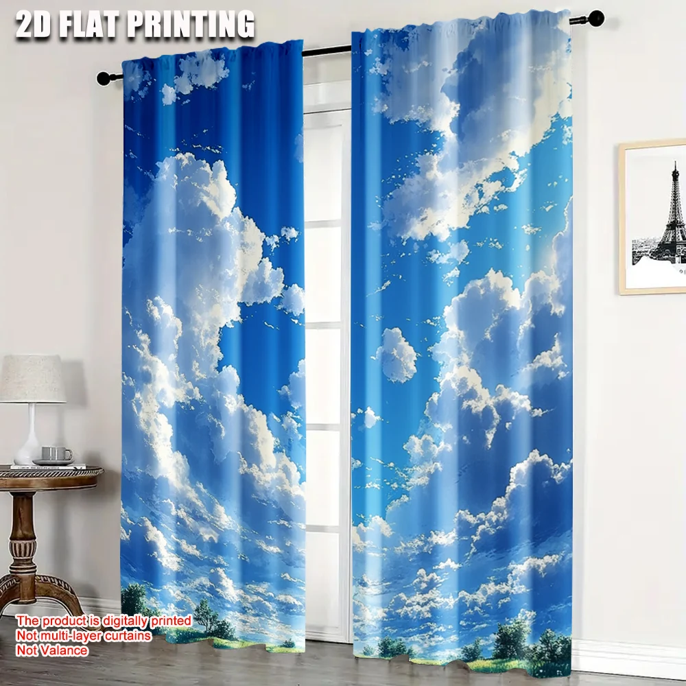 2pcs, Curtains 2D print Blue Sky White Clouds Machine Washable (without rod) Home Decor Use for Bedroom, Living Room, Office,