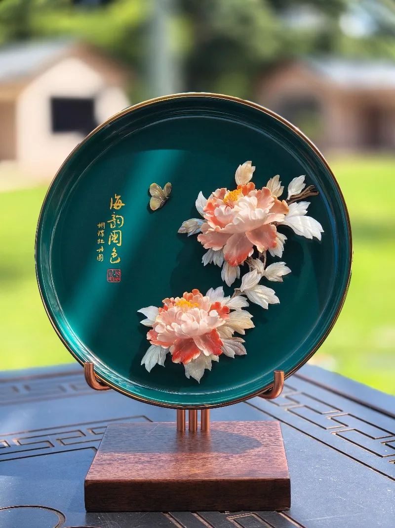 New Chinese Style Shell Carving Ceramic Plate Ornament Home Living Room Study Decor Creative Seashell Craft Gift Wall Display