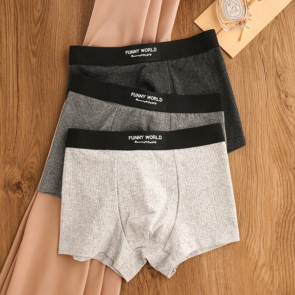 

﻿ 3PCS/Pack Winter Cotton Knit Solid Striped Men's Panties Antibacterial Breathable Mesh Crotch Underwear Super Soft Underpants
