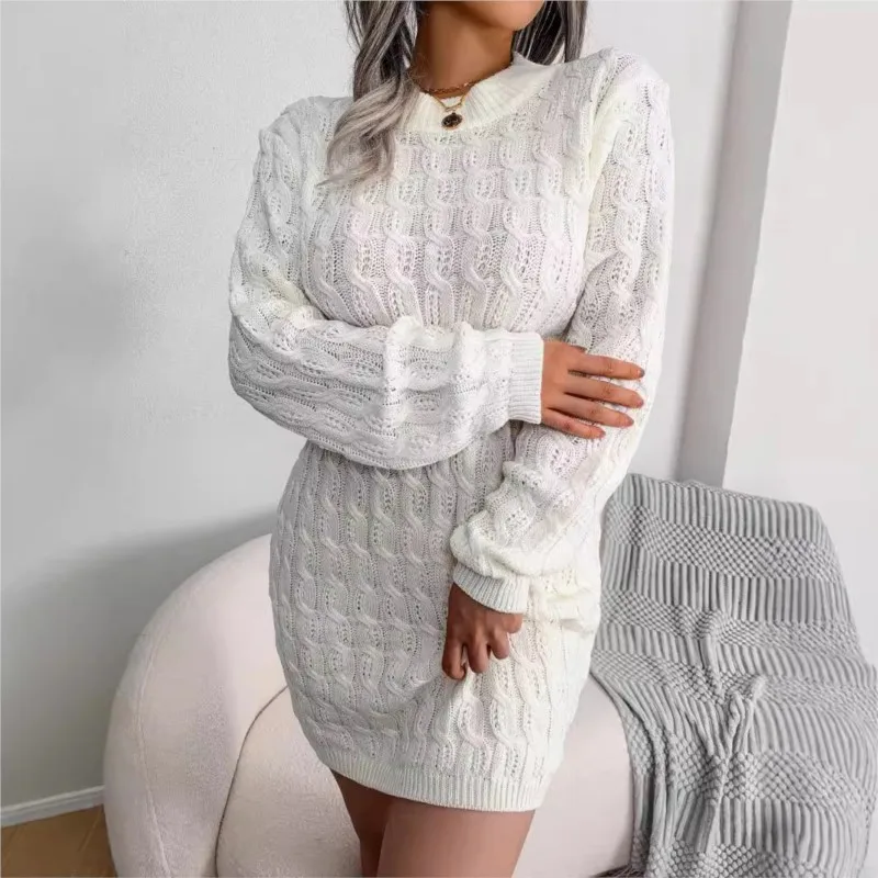 Women's Mini Knitting Dress Autumn And Winter 2024 Casual Fried Dough Twists Waist Bag Buttocks Dress Bottoming Wool Dress New