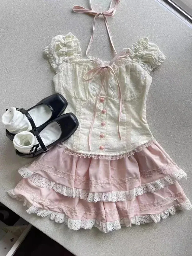 Elegant Lace Sleeveless 2-piece Set Women Vintage Design Square Neck Green Tops Retro Casual Elastic Waist Short Skirt Summer view 4