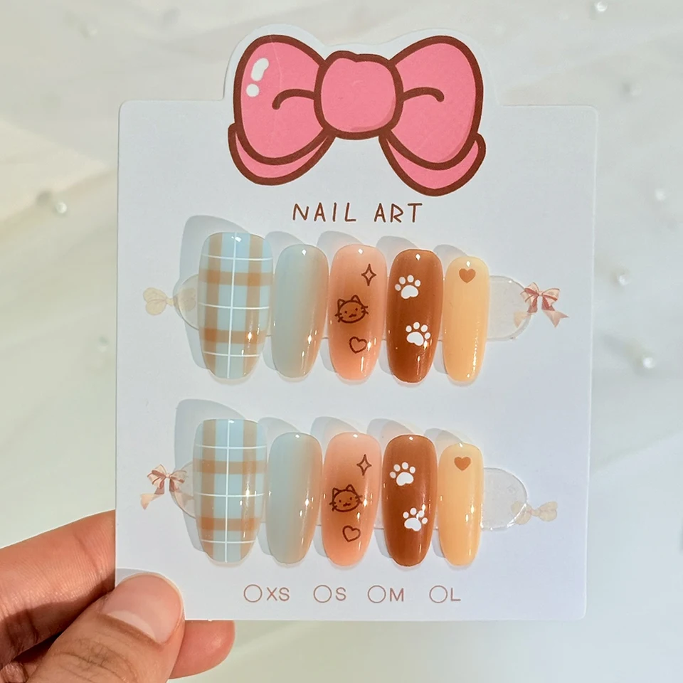 120pcs uñas postizas kawaii francesas con cuadros y lunares, ovaladas medianas, puntas press-on con flores de primavera y cerezas 5