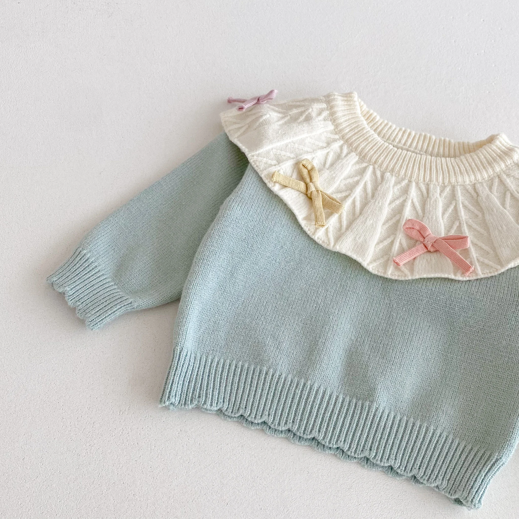 Neues Herbst-Winter-Strickset im koreanischen Stil für Mädchen: Puppenkragen, Oberteil mit Schleife und passenden Leggings, zweiteiliges Outfit – Detail 5