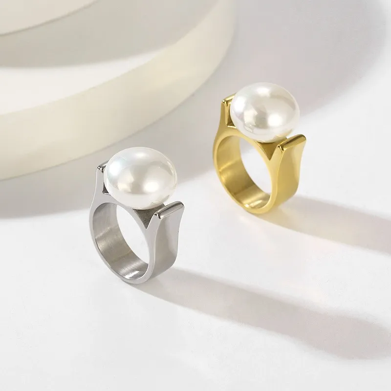 KALEN Elegant Shell Pearl Ring Fashion Gold Colors Stainless Steel Metal Texture Plated Geometric Charm Jewelry Women Engagement