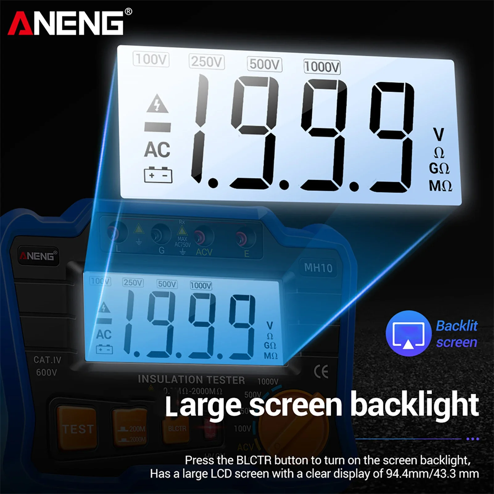 ANENG MH10 Digitales Megohmmeter, Isolationswiderstandstester, 100 V/250 V/1000 V, Voltmeter, LCD-Display, Multimeter