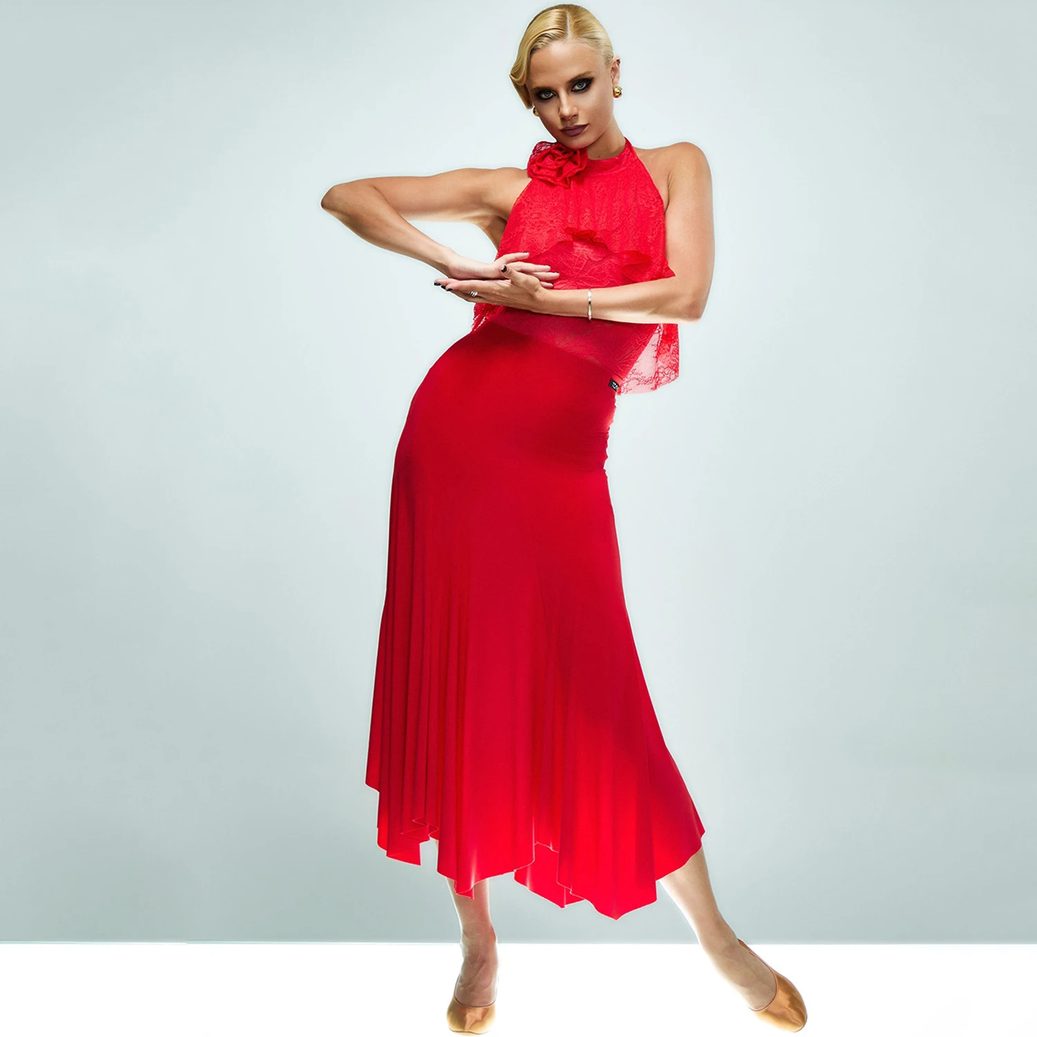 レディースワルツダンス衣装社交ダンスパフォーマンスドレス赤い花レーストップスロングスカートタンゴ競技服 SS1063