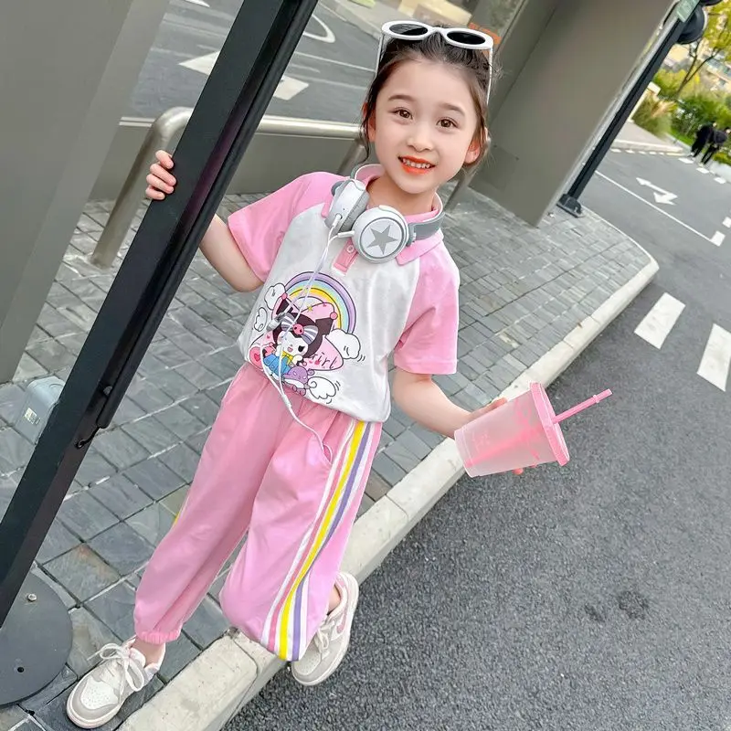 

2024 Children Kuromi Casual Polo Shirt 2Pcs Set Sanrioed Kawaii Anime Summer Sweet Cute Cartoon Girl Short Sleeve Pants Kid Gift