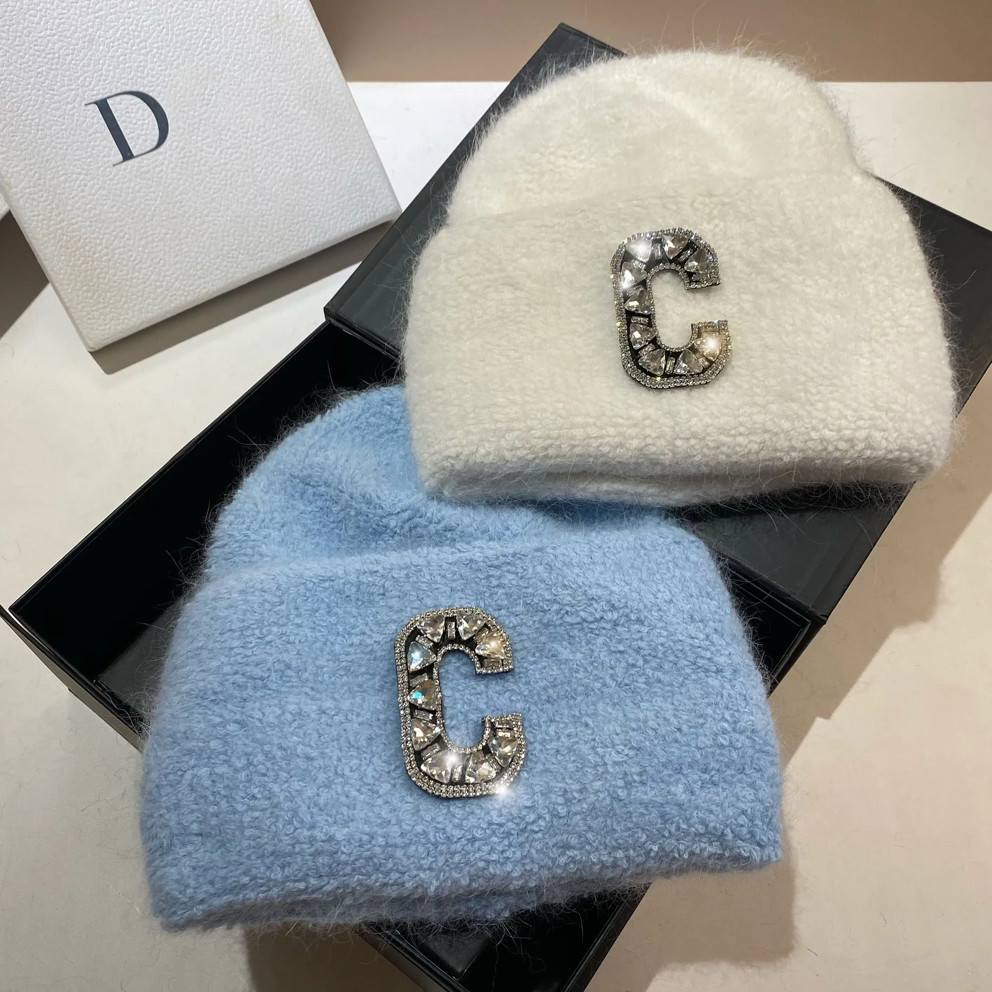 Heavy Industry Rhinestone C Letter Rabbit Fur Knitted Hat Winter Nordic Warmth Thickened Double Folded Ear Protective Wool Hat