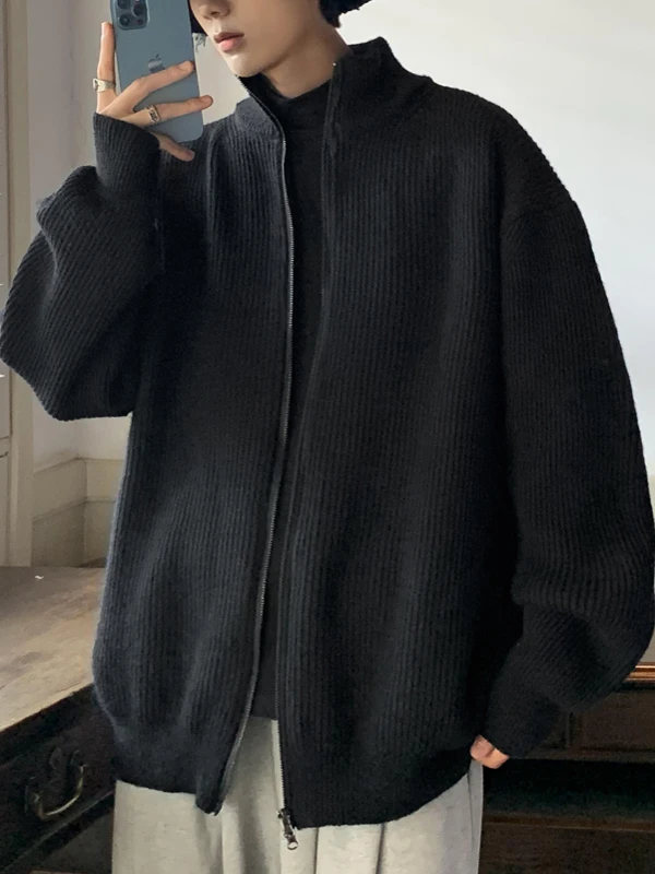 Gray Knitted Stand Collar Cardigan Jacket for Men Autumn Couple's Sweater Cleanfit Lazy American Retro Style Standard Fit