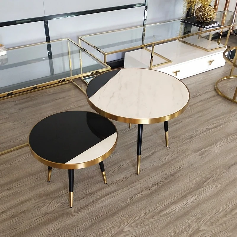 Coffee table light luxury modern simple sofa edge living room household round marble stainless steel