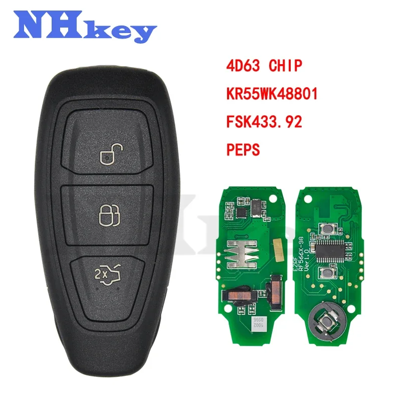 NHkey для PEPS системы 2011-2019 Focus Fiesta C-Max 3-кнопочный FSK433.92 МГц смарт-ключ/4D63 чип/FCC ID: KR55WK48801/HU101/