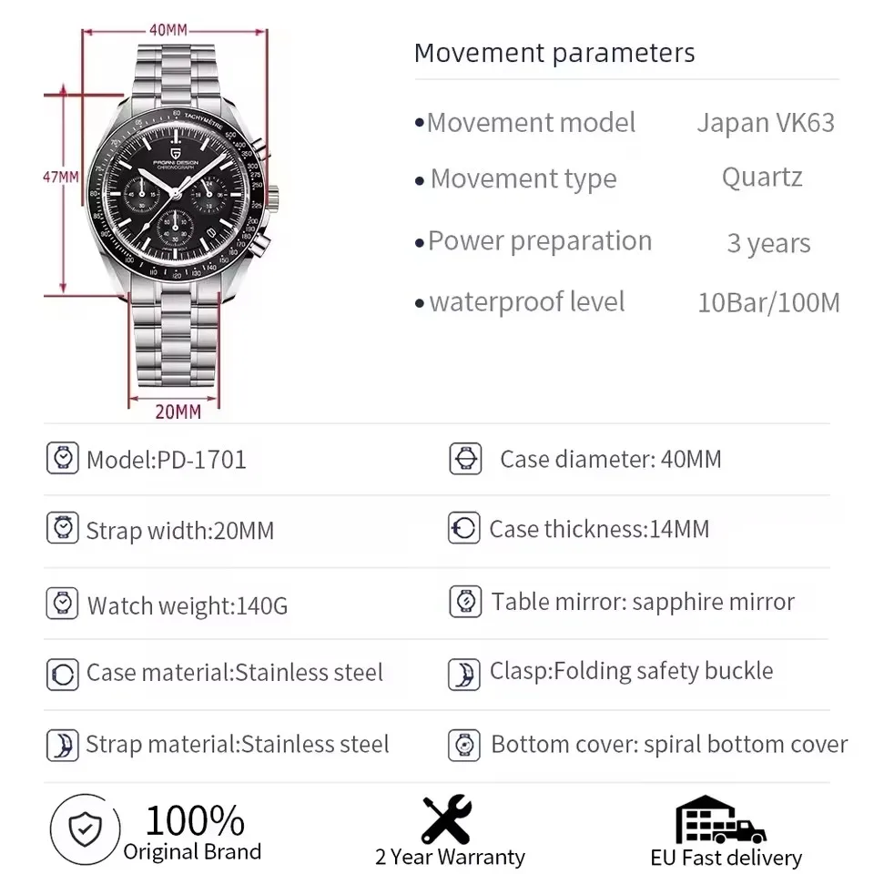 PAGANI DESIGN 500 Speedometer Circle Sport Chronograph AR Sapphire Japan Movt Luxury Men Watch 316L All Steel Luminous Man Watch image 6