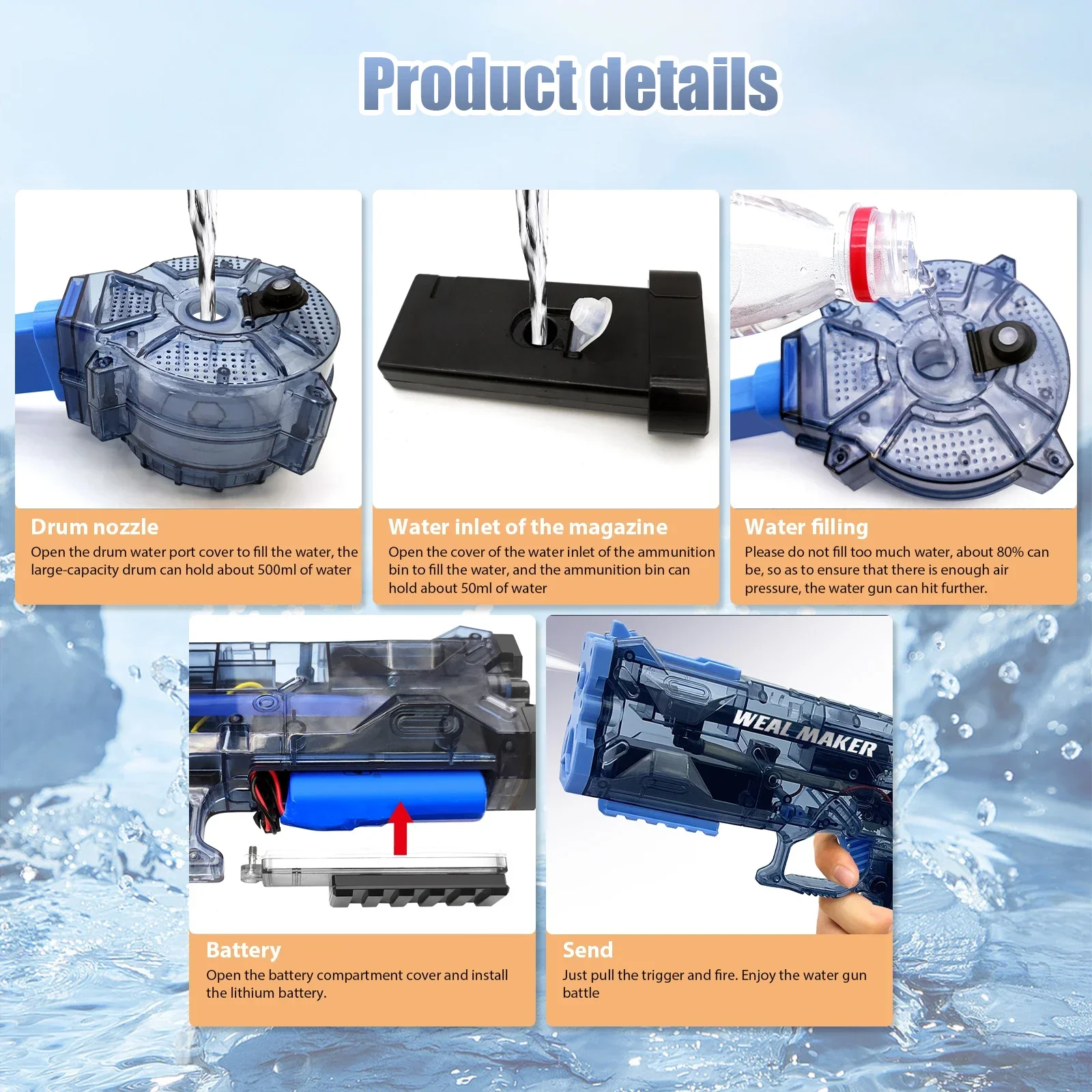 NEW Glock Thunder Ice Storm Electric Water Gun Toy,  Bullet Drum Transparent Crystal Electric Continuous Fire Swimming Pool Toys