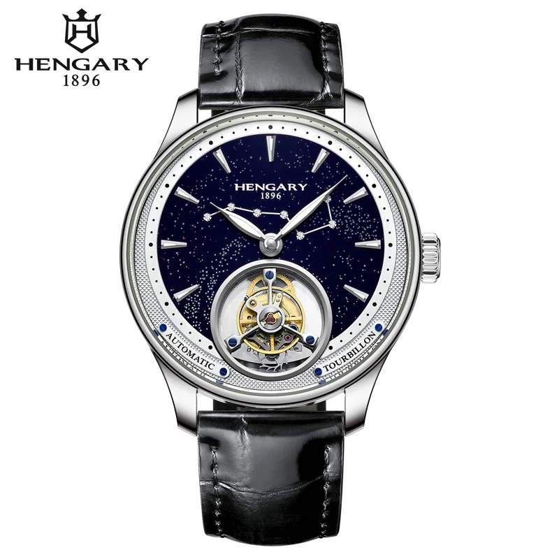 

HENGAR Luxury Tourbillon Starry Sky Watch Automatic Mechanical Movement Sapphire Crystal Italian Calfskin Strap 43mm Dial 5ATM