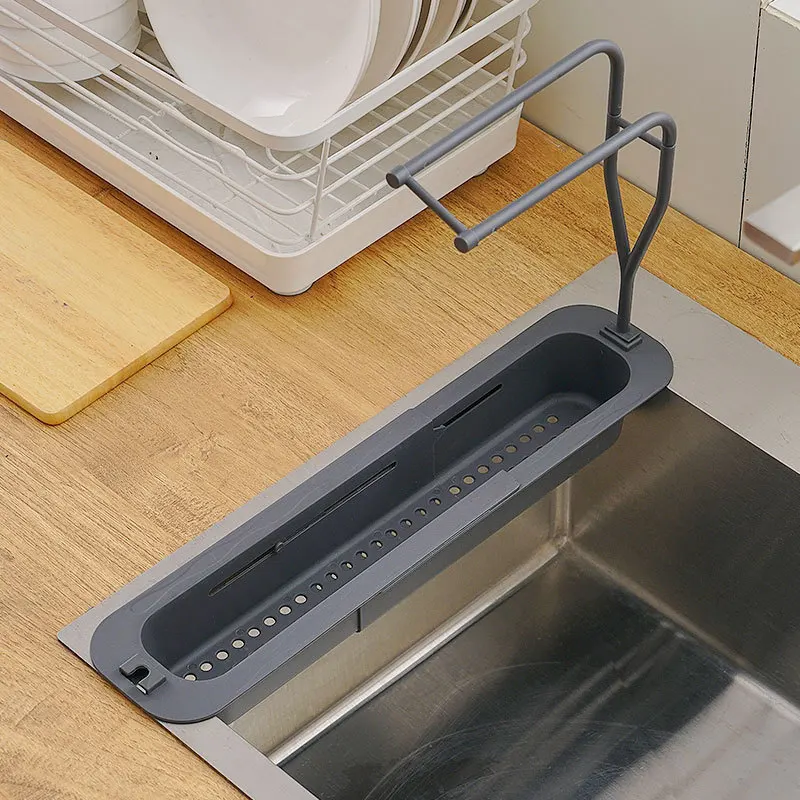 1 Piece of Multifunctional Adjustable Kitchen Plastic Storage Rack with Towel Rack and Drain Basket, Can Be Installed on Both Sides of the Sink, the Length Can Be Freely Adjusted, and Can Be Used as a Drain Rack and Storage Rack