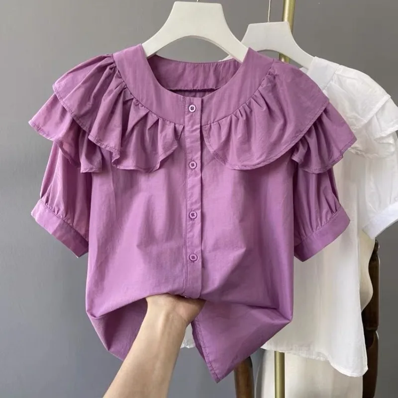 

Large Size Chic Ruffles Blouse Purple Chiffon Puff Sleeve O-neck Button Up Shirts Elegant Women Office Lady All-match Summer Top