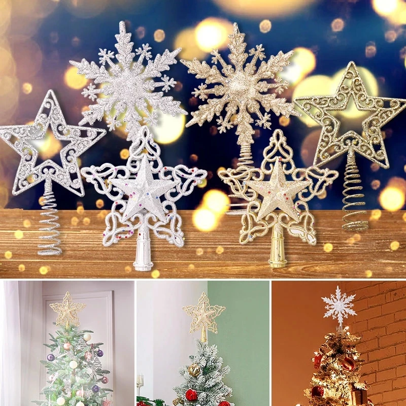 Snowflake Christmas Tree Topper Glitter Hollow Gold Star Xmas Tree Ornaments Christmas Decorations For Home 2023 Xmas New Year