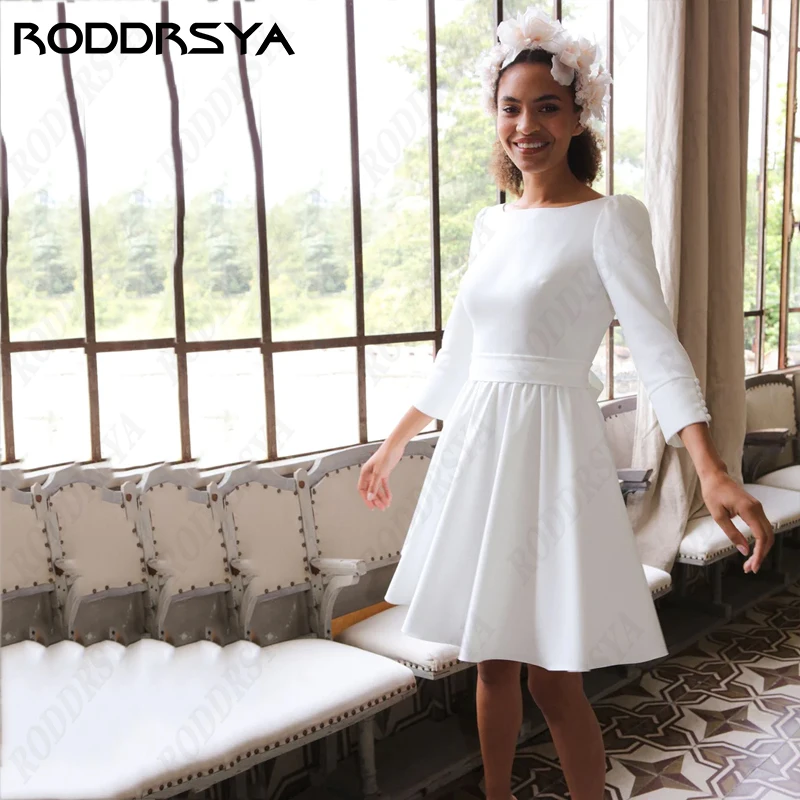 RODDRSYA Simple Scoop-Neck Satin Wedding Dresses For Women Suknia ślubna Elegant 3/4 Sleeve Bridal Party Lovely Bow Backless