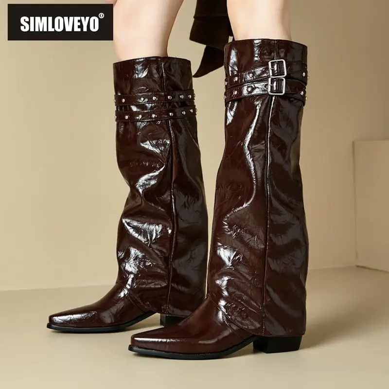 

SIMLOVEYO 2025: зимняя черная женская обувь с острым носком на блочном каблуке 5,5 см, слипоны, большой размер 45, 46 47 48, модная обувь Routine Bota