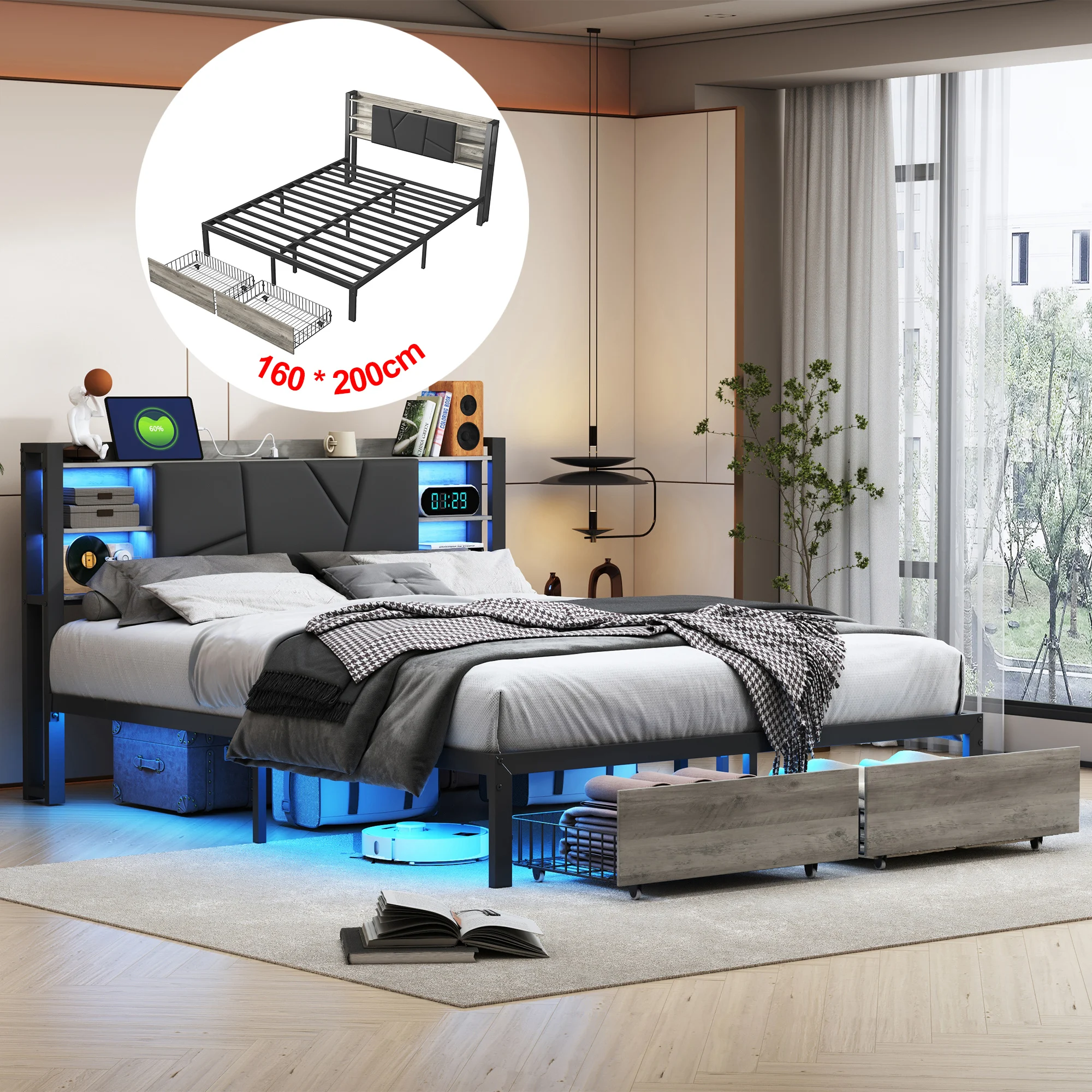 Metal Wooden Bed 160x200cm with 2 Drawers,with LED Light and USB Charging Function,Industrial Style Storage Double Bed,Bed Frame