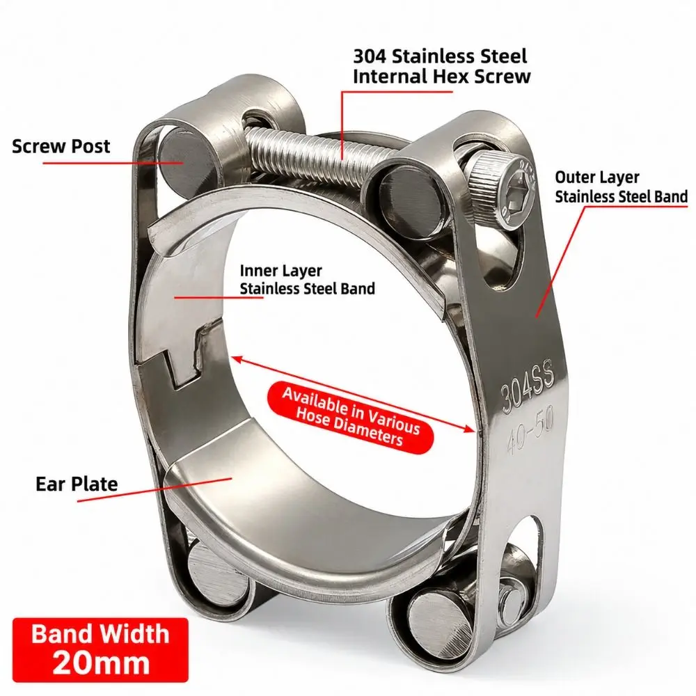 Durable 304 Stainless Steel T-Bolt Hose Clamp Double-head Strong Throat Hose Clamp Repair Tool for Exhaust Pipe