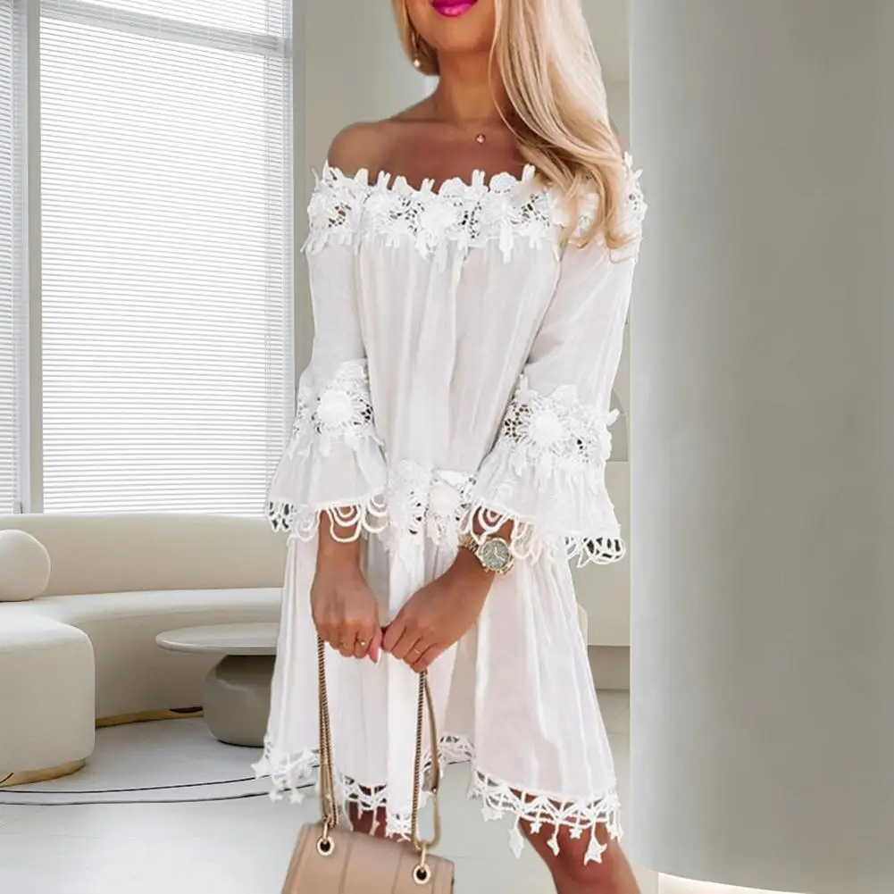 Hollow Out Flower Applique Star Summer Dress 2023 Lace Off Shoulder Trumpet Sleeve Solid Color Women Midi Dress