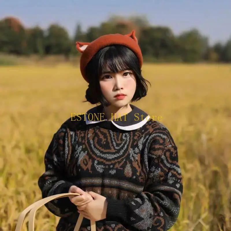 49MF 가을 겨울 프랑스 베레모 여성용 3D 고양이 귀 아티스트 만화 호박