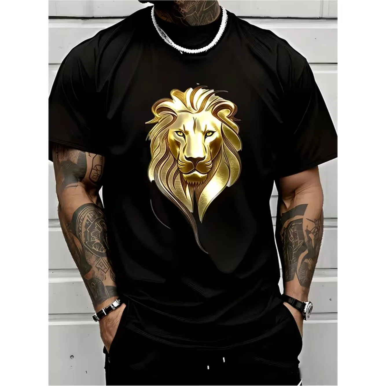 Mens Suitable For With A Stylish Lion Mane Design Round Neck Badge Is Perfect For Casual Wear And Badge Highlights Mens Fashion Style