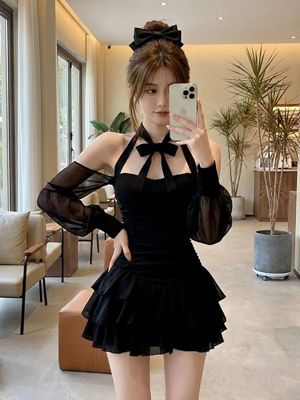 

Bla Off-oulder Tulle Dr Women's Spring 2025 New Long Sve Waist-Cinched Pleated Puffy ort Skirt Sexy Knot