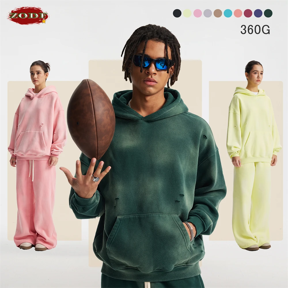 ZODF Vintage Winter Washed 360gsm Fleece Hoodies For Men Unisex Oversized Warm Ripped Holes Hooded Pullovers Coats HY0949