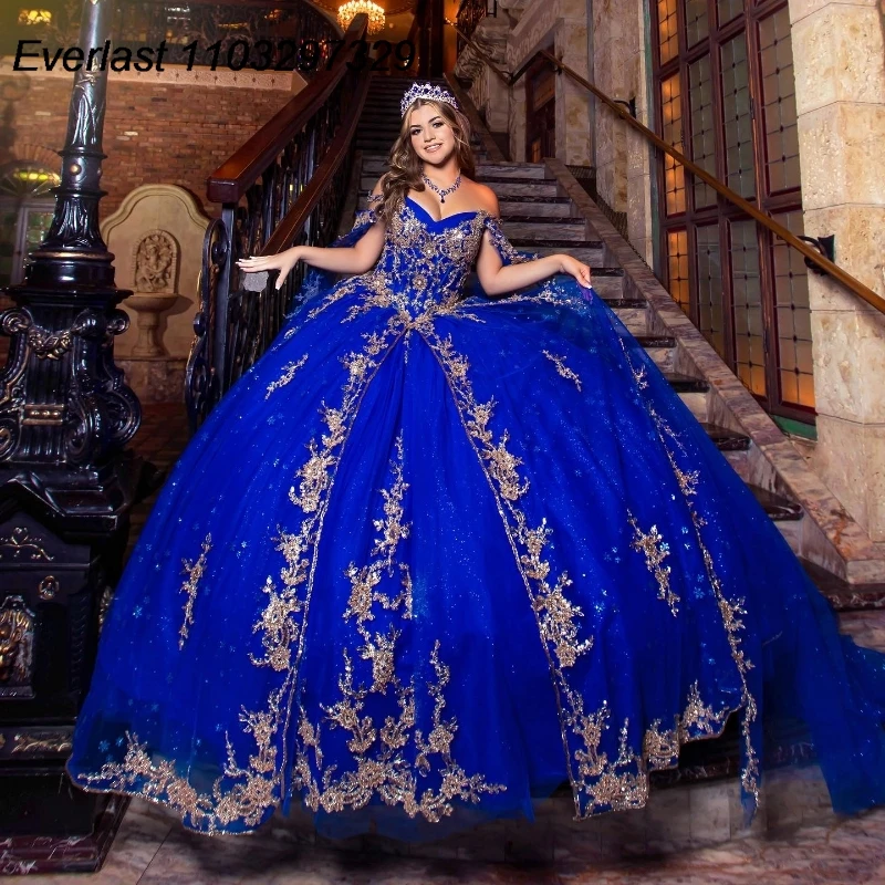 EVLAST Customized Royal Blue Quinceanera Dress Ball Gown Gold Lace Applique Beaded With Cape Sweet 16 Vestidos De 15 Años TQD883