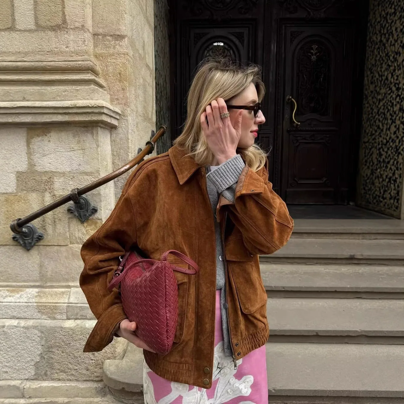 

Retro Autumn Women's Suede Coat Lapel Collar Solid Big Pockets Zipper Outwear For Female Instagram-Style Lady Motorcycle Jacket