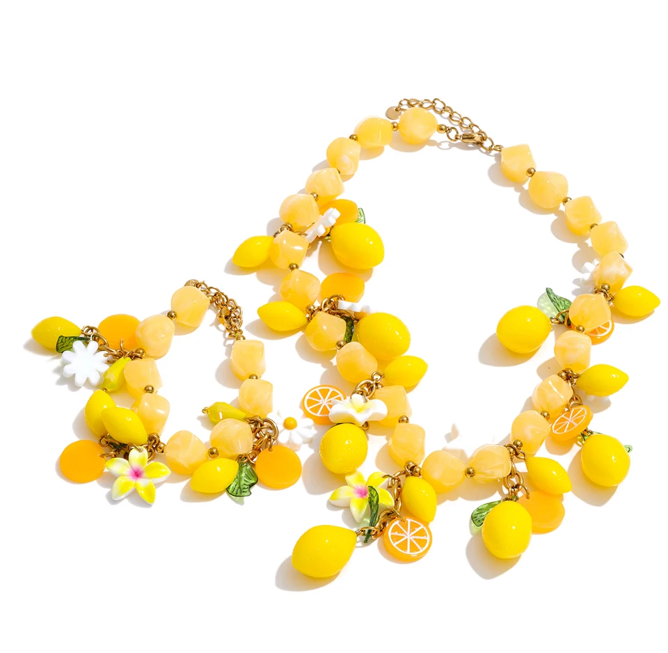 Yhpup Frühling Sommer Stil Zitronen-Charm Statement-Halskette Armband Set 2026 Blumen-Acrylharz-Kette Handgemachter Schmuck – Detail 2