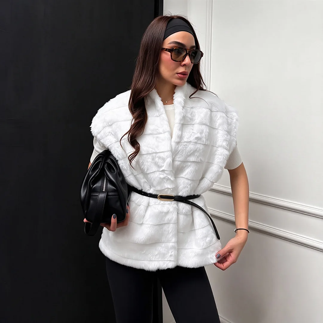 Women Faux Fur Vest Coats Jackets V Neck Sleeveless Coat Thick Warm Y2k Streetwear Jacket Elegant Work Outerwear Autumn Winter 3