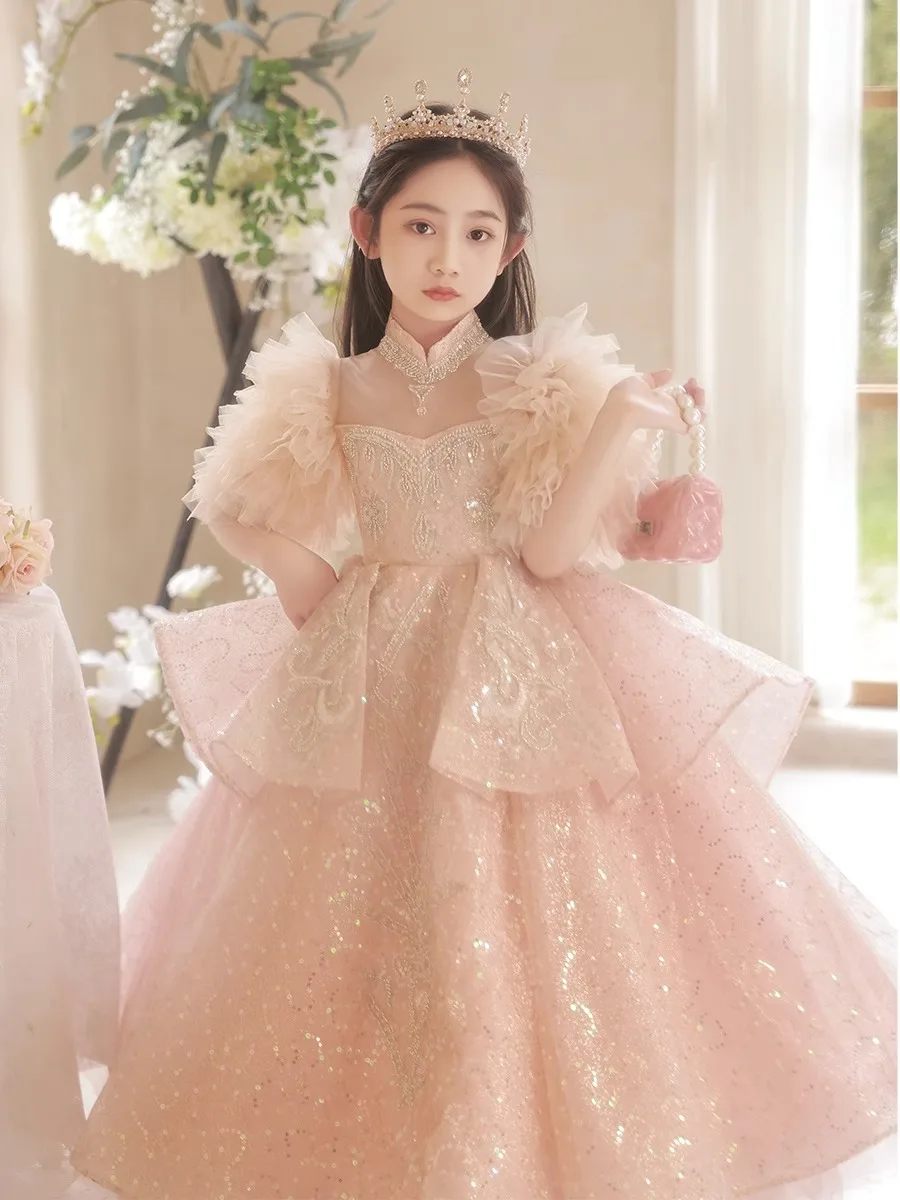 2024 Gorgeous girl sequin birthday dress girl host princess dress flower girl fluffy dress model runway piano performance dress