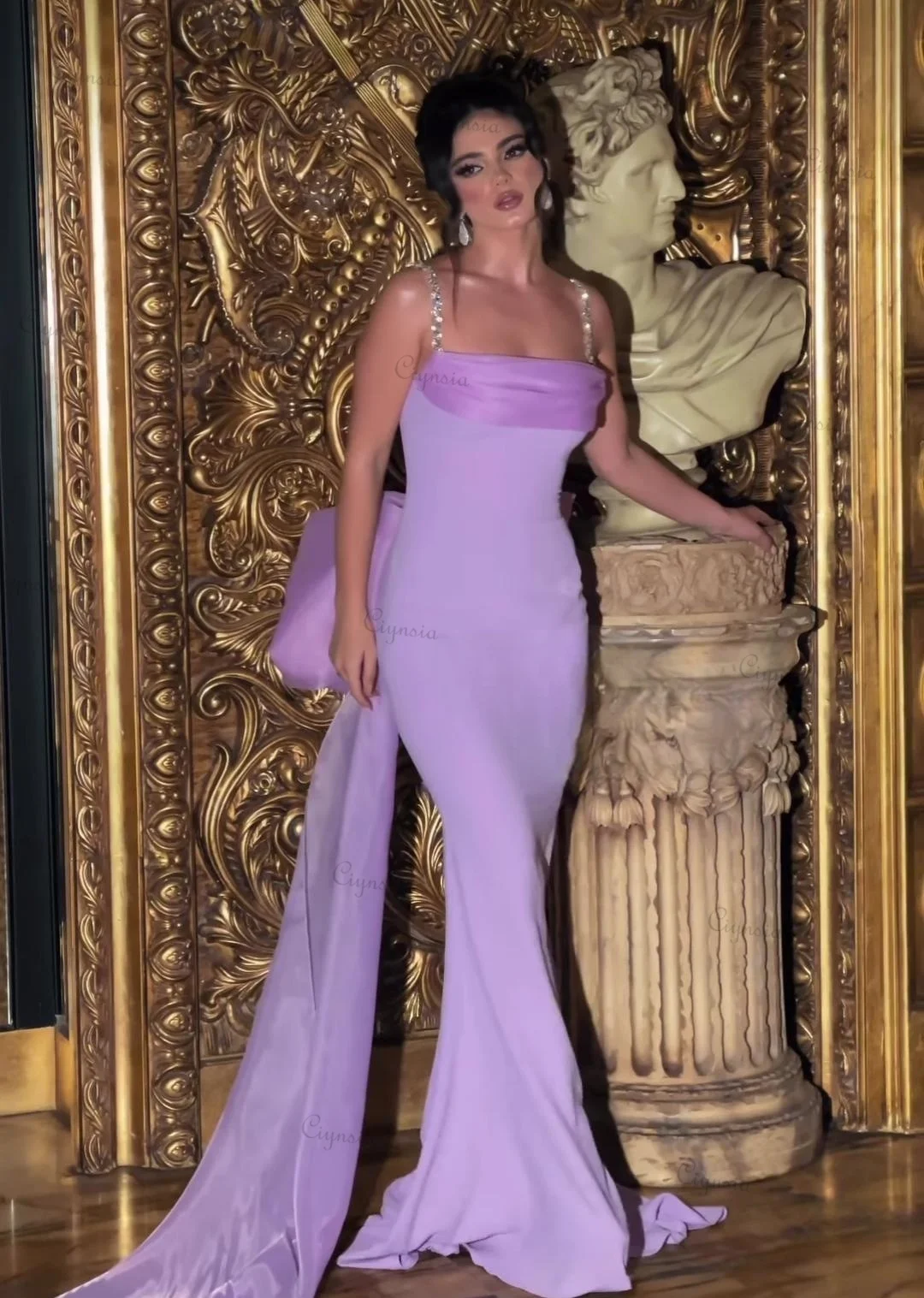 

Ciynsia Lavender Sexy Evening Dresses Mermaid Long Organza Train فستان سهرة نسائي Wedding Party Dress Crystal Straps Prom Gowns