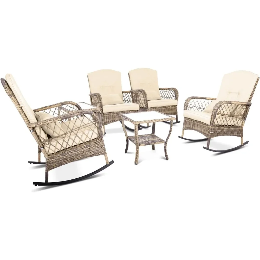 6-Piece Patio Furniture Set, Rocking Chairs Set of 2, Patio Set with 4 Wicker Chairs with 2 Glass Coffee Tables and Cushions