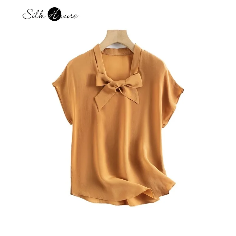 

2025 Women's Leisure Summer New 100% Natural Mulberry Silk 03 Crepe De Chine Orange OL Commuter Short Sleeve Bow Collar T-shirt