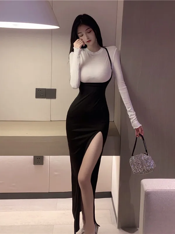 Temperament Two Piece Long Sleeve Slim Fit Wrap Hip Split Dress Elegant Women Fork Mature Sexy Charm Fashion Summer New C7Z9