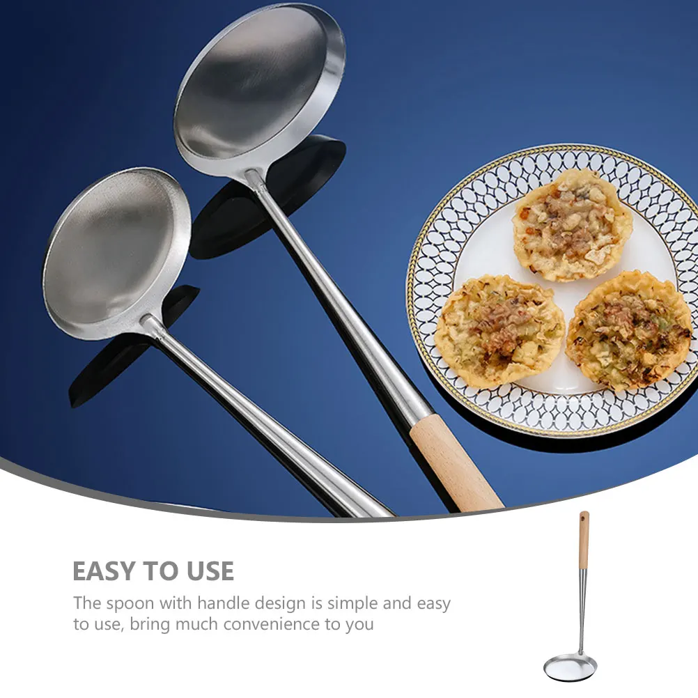 

Household Wood Handle Stainless Steel Frying Snack Spoon Non-Stick Lightweight Kitchen Cooking Tool for Fried Food Pancakes