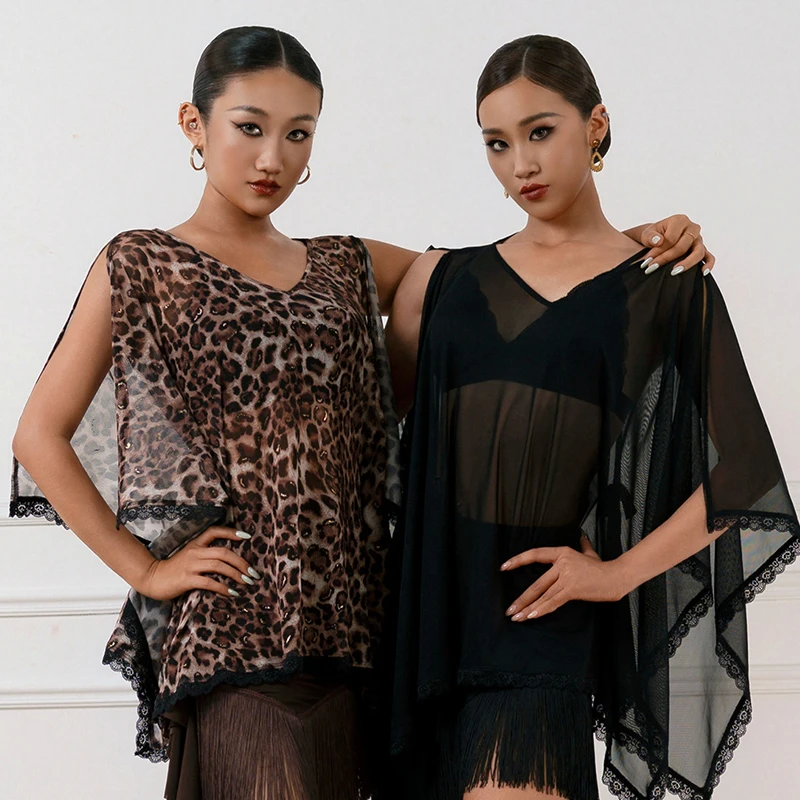 Loose Latin Dance Top Women Lace Trim Mesh Tunic Leopard Latin Training Clothes Dancer Practice Wear Chacha Rumba Dancewear 5808