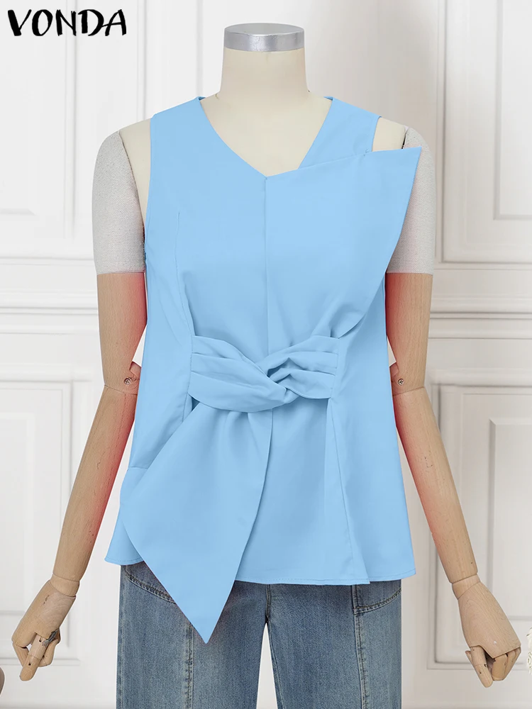 

VONDA Elegant Bowknot Tank Tops Women Tees 2025 Fashion Summer Sleeveless V-Neck Tanks Casual Solid Streetwear Office Lady Tops