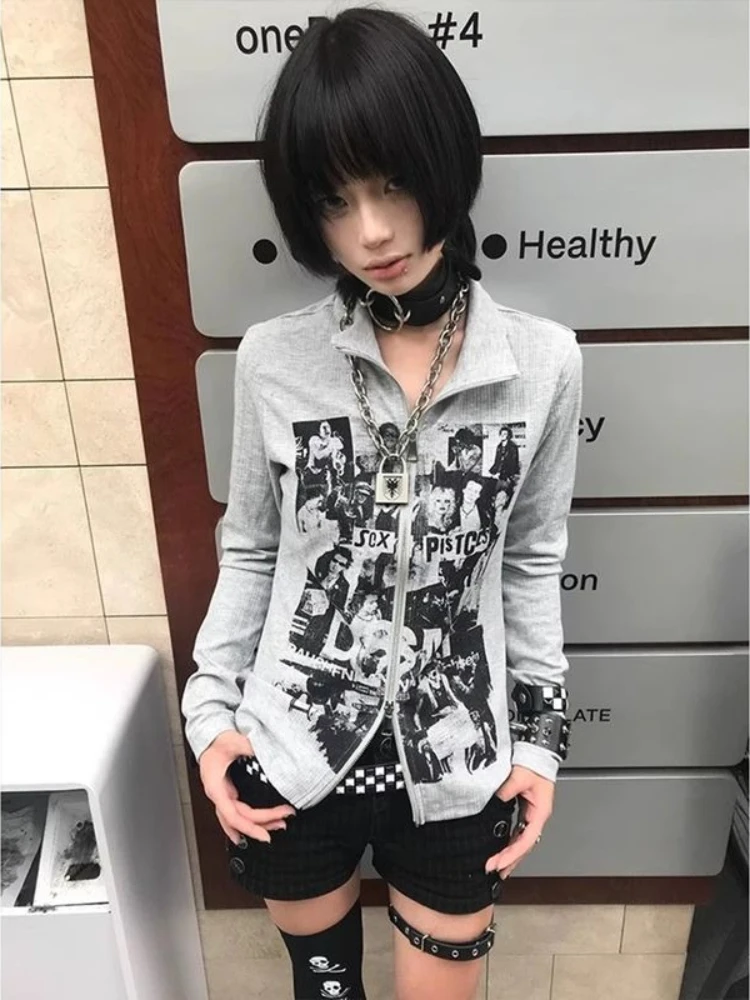 HOUZHOU Harajuku Grunge Zipper Sweatshirts Vintage Y2k Gothic Print Long Sleeve Tops Punk American Retro Streetwear Sweatshirts